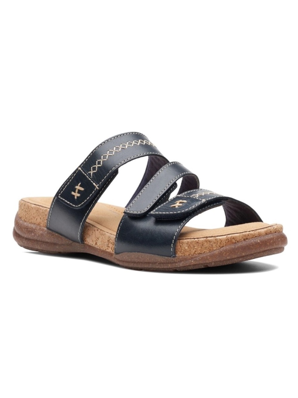 Clarks Navy Roseville Cork Cushioned Leather Strappy Slip On Sandals US 9M